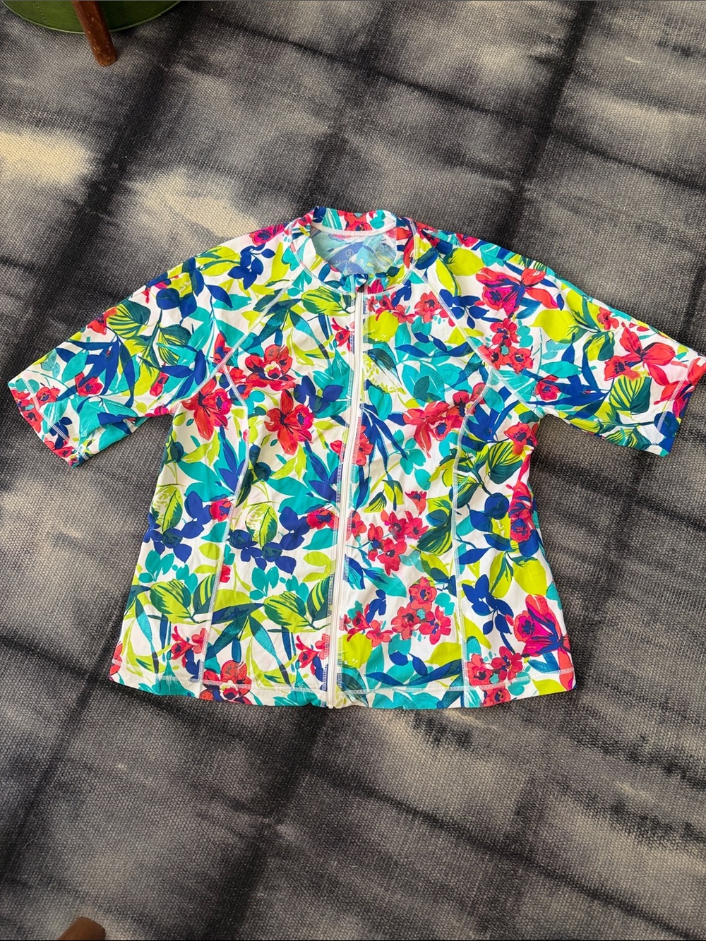 Lands' End Bright Floral Zip-Front Swim Top in Teal, Pink & White